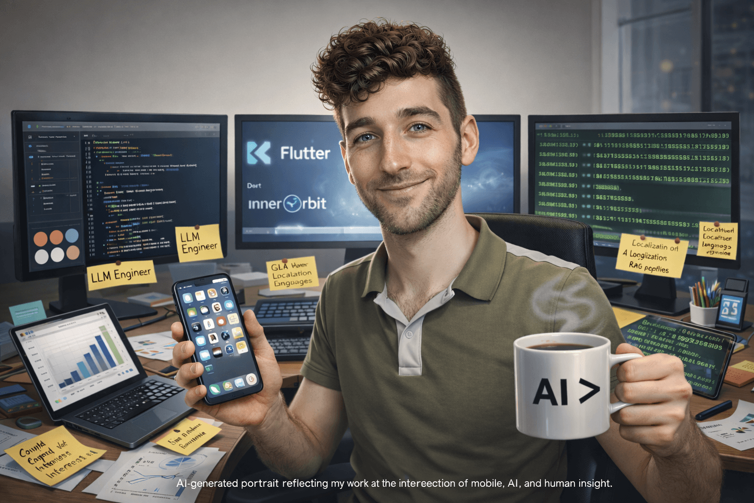 AI-generated portrait representing my work in mobile engineering and applied AI